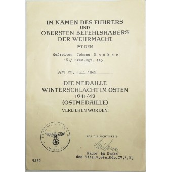 Urkunde für die Medaille Für den Winterfeldzug an der Ostfront. Espenlaub militaria